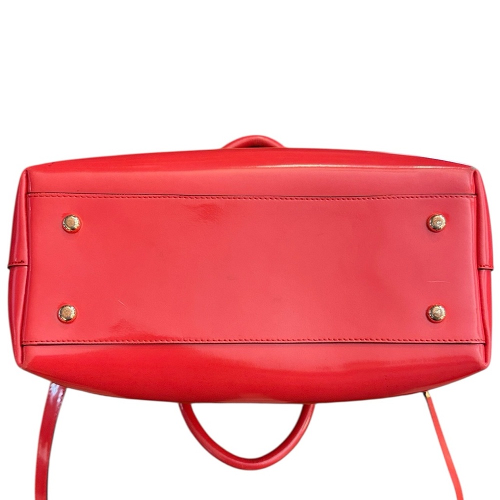 Italian Leather Red Satchel Crossbody Shoulder Bag Patent Gold Hardware Feet - Picture 8 of 16
